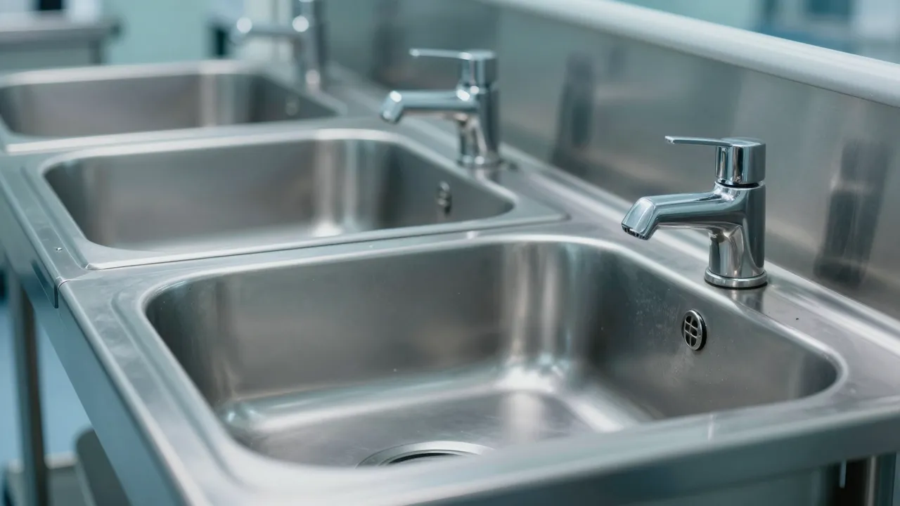 A row of polished stainless steel medical scrub sinks sits under cool hospital lighting outside an operating room.