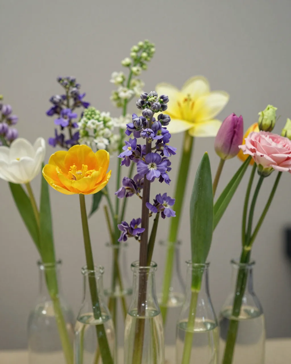 Tiny clear glass bud vases each holding a distinct cut garden flower arranged in a neat row.