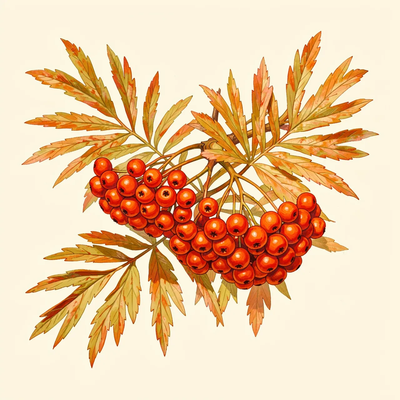 Hand-painted rowan branch with orange-red berry clusters and feathery autumn leaves on a cream background