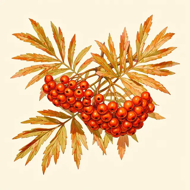 Hand-painted rowan branch with orange-red berry clusters and feathery autumn leaves on a cream background