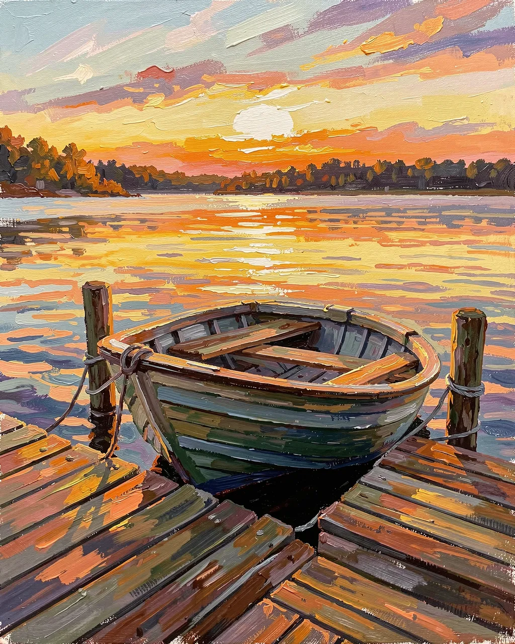 Thick impasto oil painting of a wooden rowboat tied to a lake dock under a glowing sunrise sky.