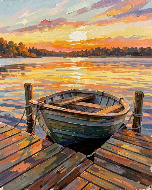 Thick impasto oil painting of a wooden rowboat tied to a lake dock under a glowing sunrise sky.