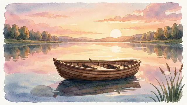 Wooden rowboat floats on a still, reflective lake at soft pastel sunrise