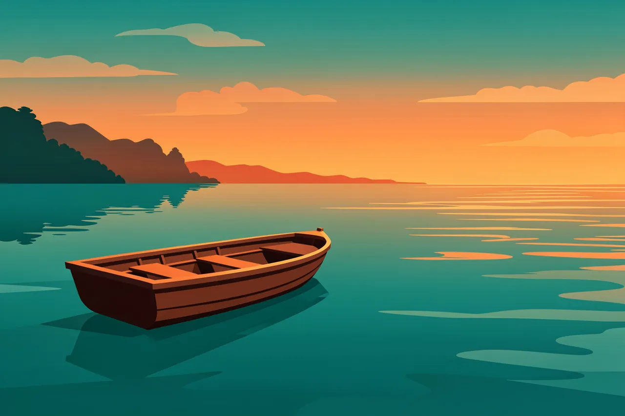 An empty wooden rowboat floats on a calm teal lake beneath an orange sunrise sky with distant shoreline.
