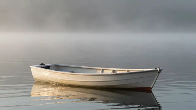An empty white rowboat floats on calm misty lake water at soft early morning light