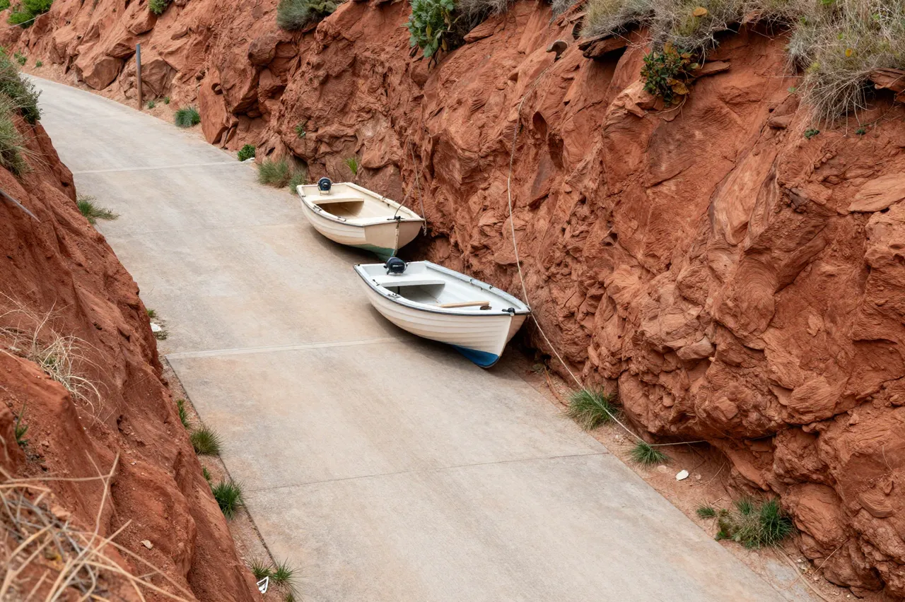 Two small rowboats rest on a narrow concrete slipway between steep red earth cliffs