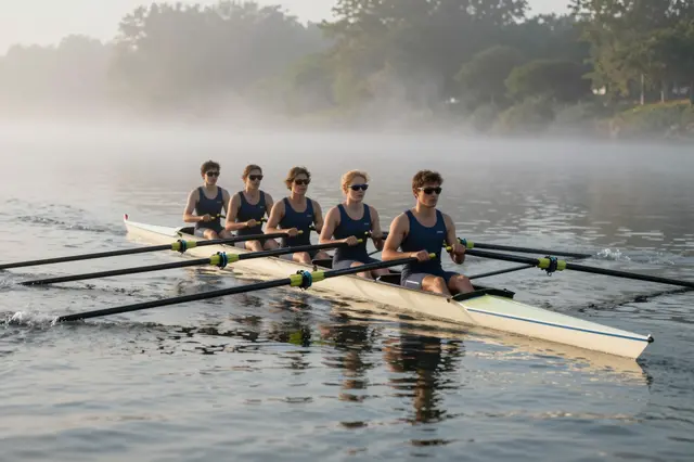 A five-person rowing team rows a racing shell across a fog-shrouded river at early dawn