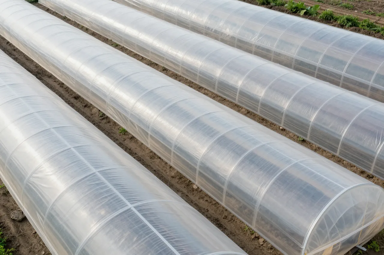 A high-angle view of parallel rows of clear plastic polytunnels stretching across tilled farm soil