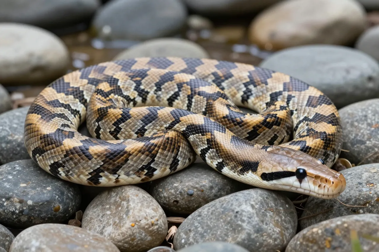 A patterned royal python coiled and resting on smooth rounded river rocks beside shallow water.
