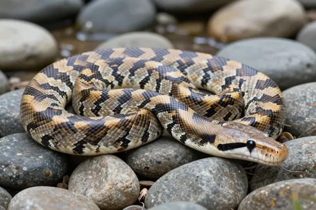 A patterned royal python coiled and resting on smooth rounded river rocks beside shallow water.