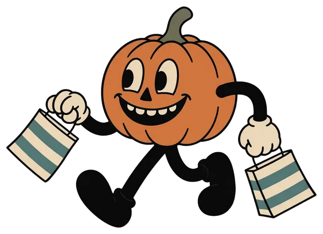 Vintage cartoon jack-o'-lantern mascot walking while carrying striped shopping bags