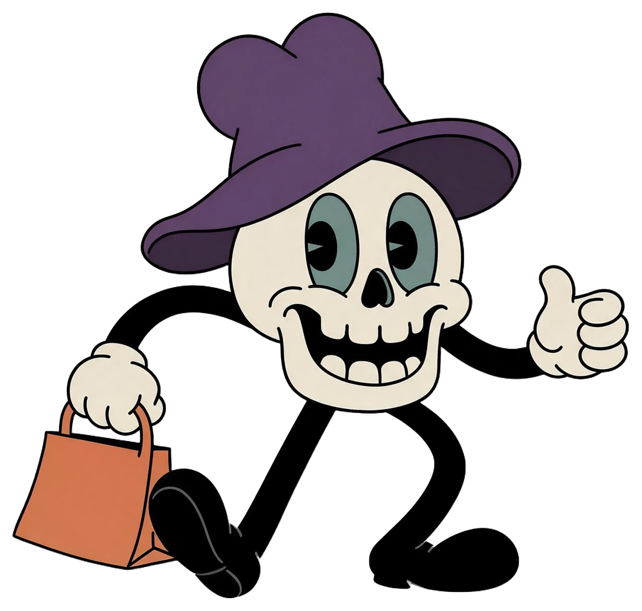 A cheerful vintage 1930s rubber-hose cartoon skeleton wears a purple hat and holds an orange shopping bag.