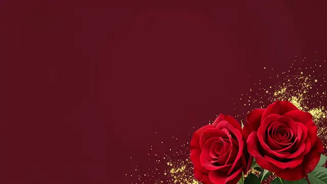 Deep red roses with gold glitter accents rest in the lower right on a solid burgundy background with empty left space