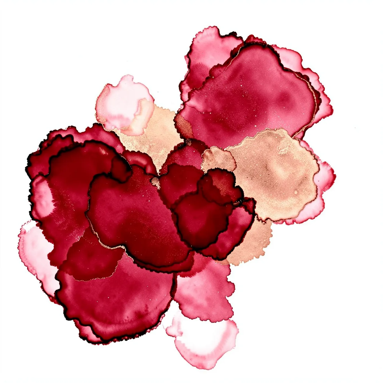 Abstract spreading alcohol ink blots in ruby red, rose gold, and pink with dark rimmed edges on a plain white background