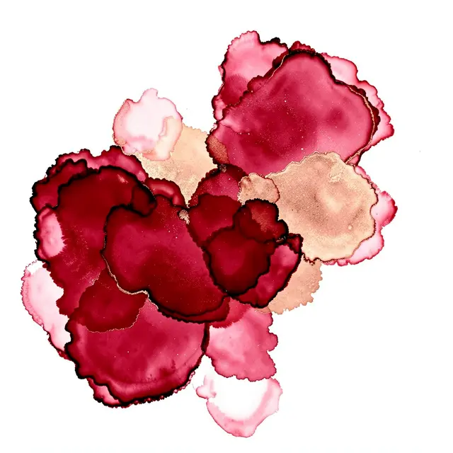 Abstract spreading alcohol ink blots in ruby red, rose gold, and pink with dark rimmed edges on a plain white background