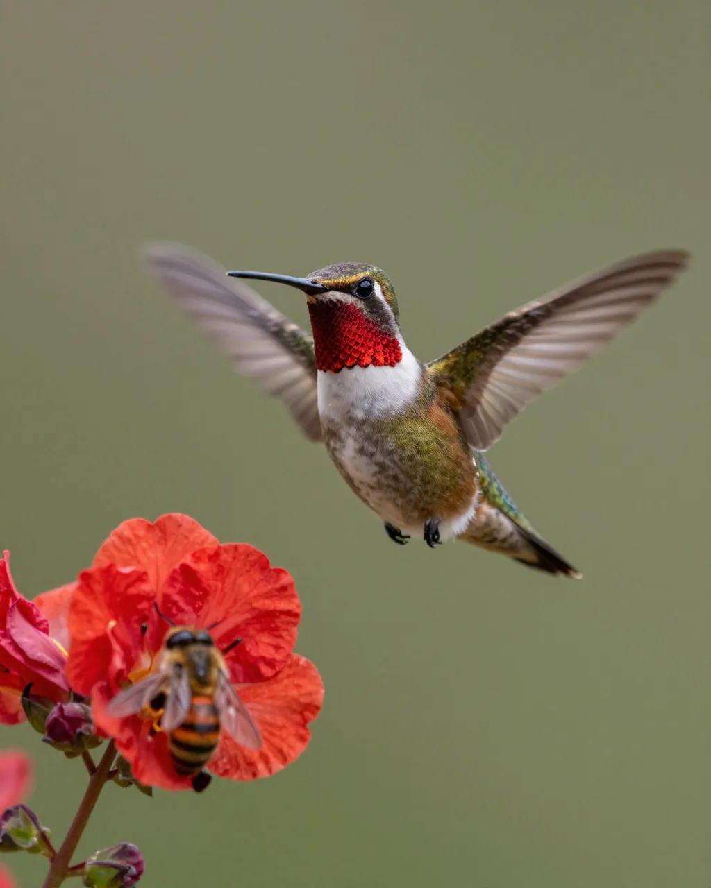 A ruby-throated hummingbird hovers near a red flower where a honey bee rests, against a soft blurred green background.