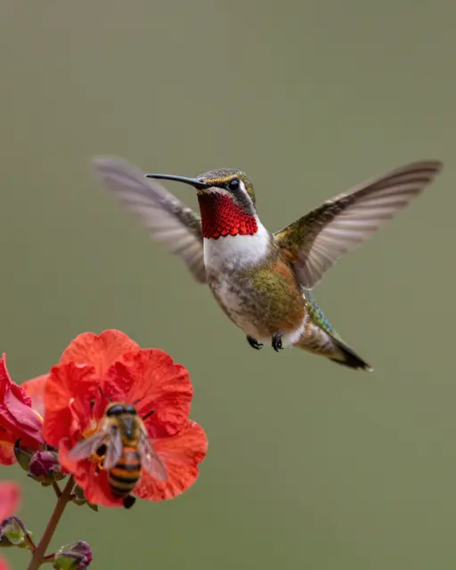 A ruby-throated hummingbird hovers near a red flower where a honey bee rests, against a soft blurred green background.
