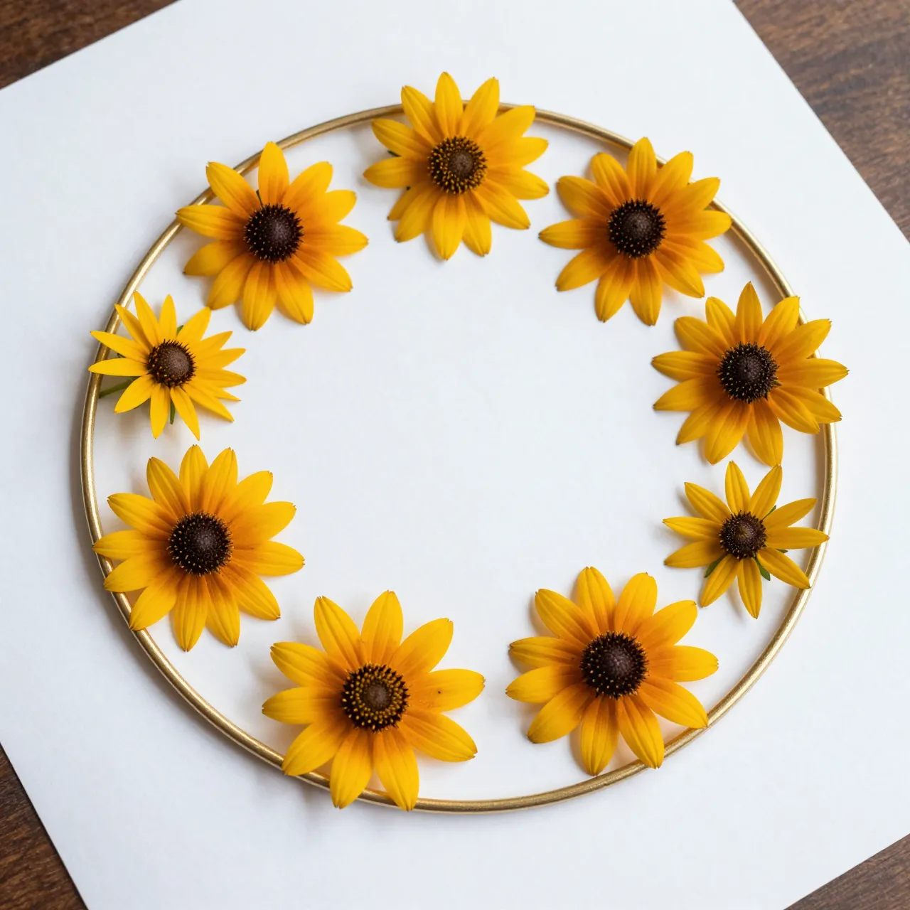Fresh yellow rudbeckia flowers arranged in a thin golden ring on white paper in an overhead flat lay shot