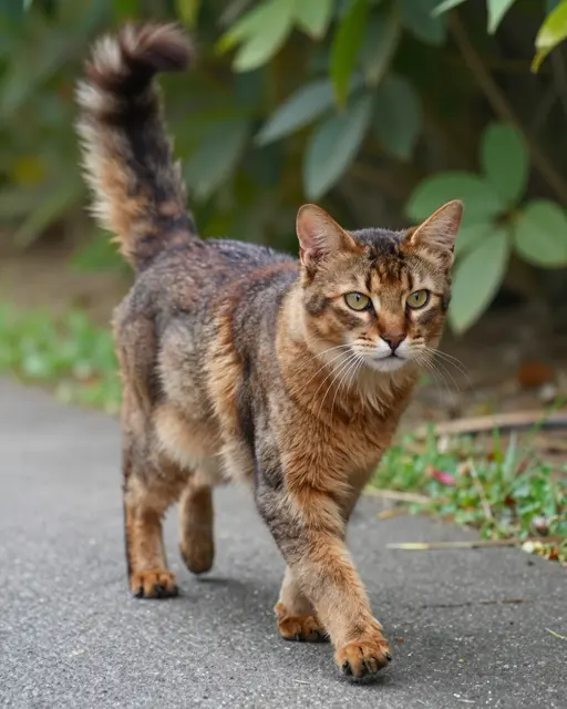 A longhaired ruddy Somali cat walks forward along a paved garden path beside green foliage.