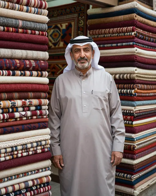 Middle Eastern man in traditional attire stands between tall stacks of woven rugs in his shop