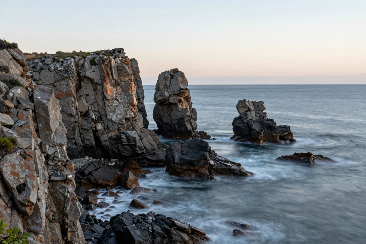 Layered sea stacks and rocky cliffs rise from a calm ocean under a pale dawn sky.