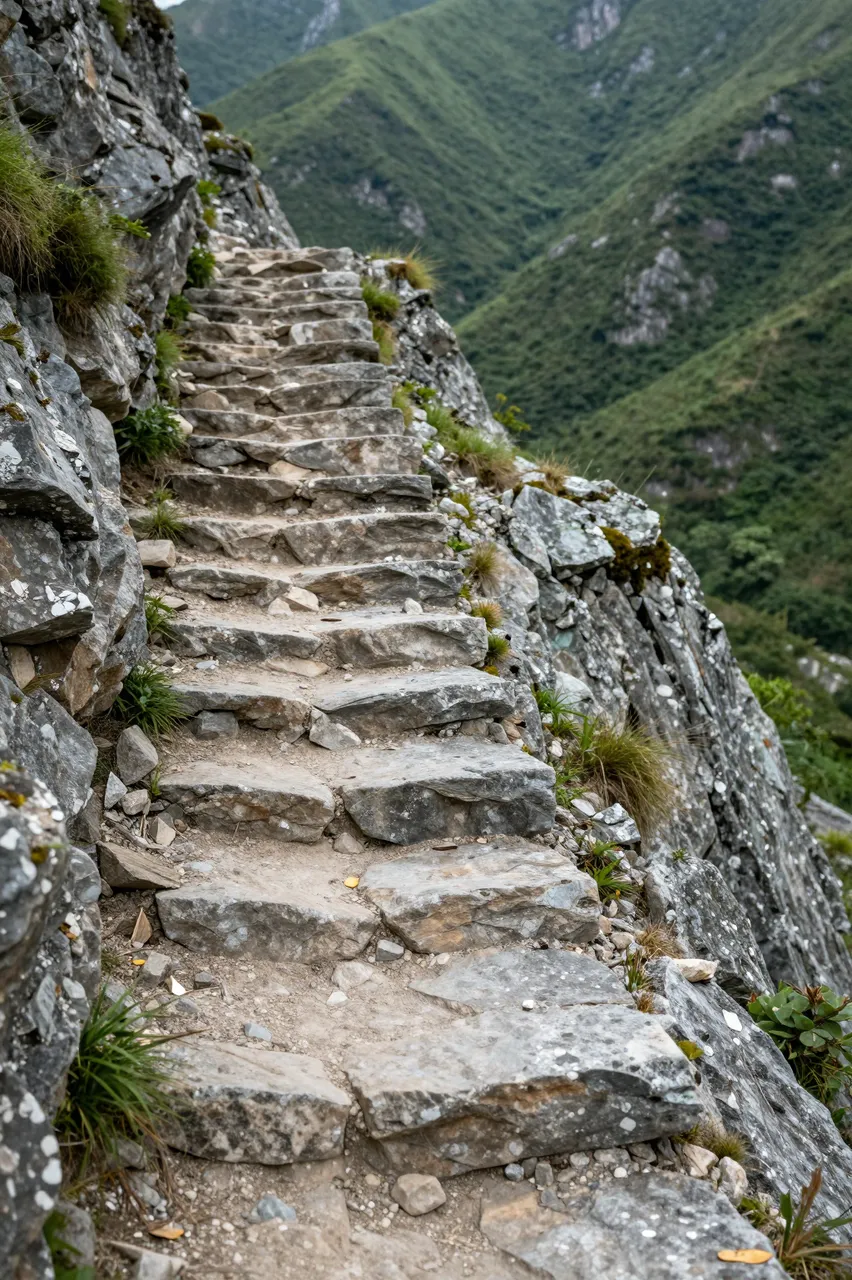 Rough weathered stone steps climb a steep green mountain ridgeline with no people present