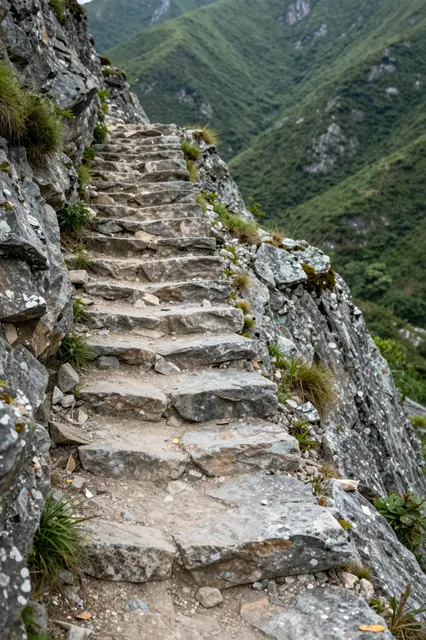 Rough weathered stone steps climb a steep green mountain ridgeline with no people present
