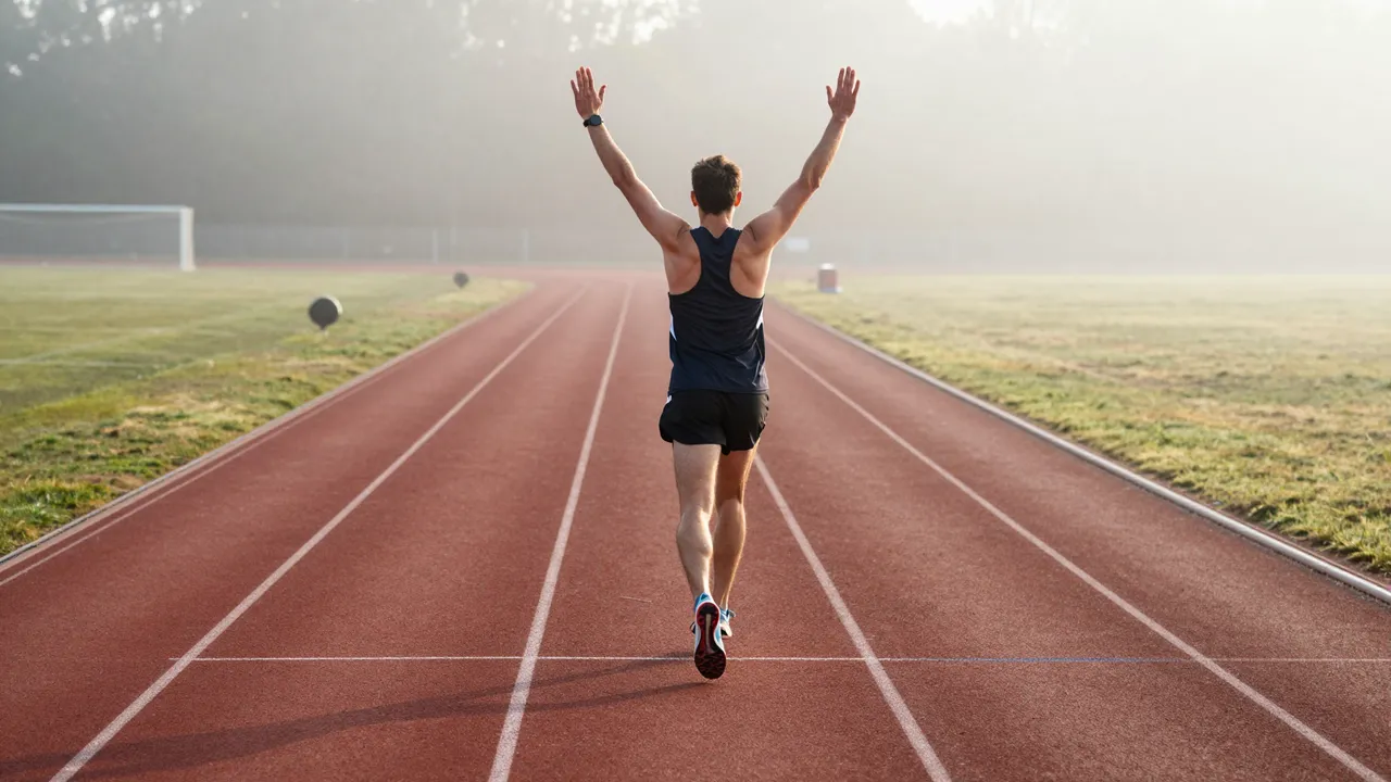 Back view of a runner with arms raised crossing the finish line of a foggy running track at dawn