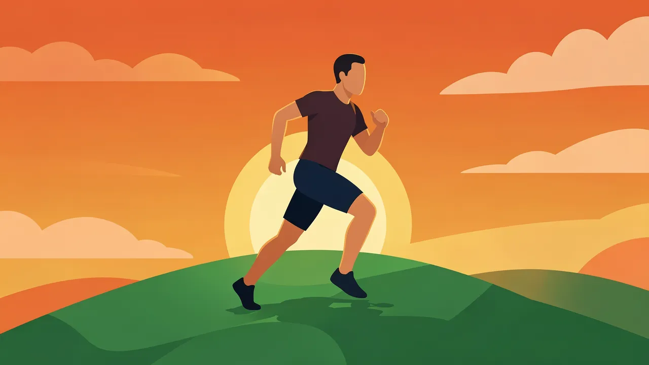 Faceless stylized runner jogs along a green grassy hill with a rising sun and orange sky behind him