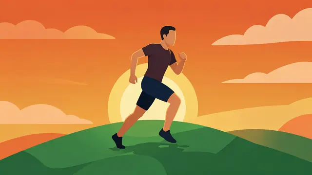 Faceless stylized runner jogs along a green grassy hill with a rising sun and orange sky behind him