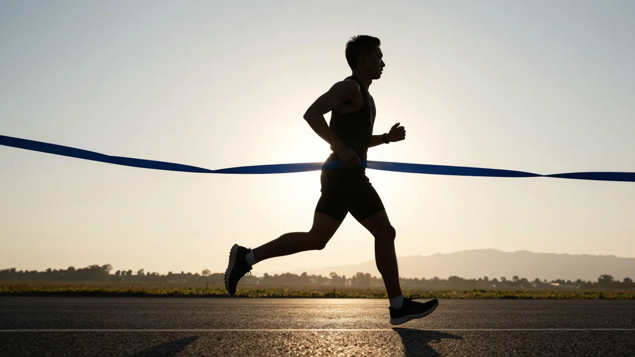Silhouetted runner breaks through a blue finish tape on a paved road at sunrise