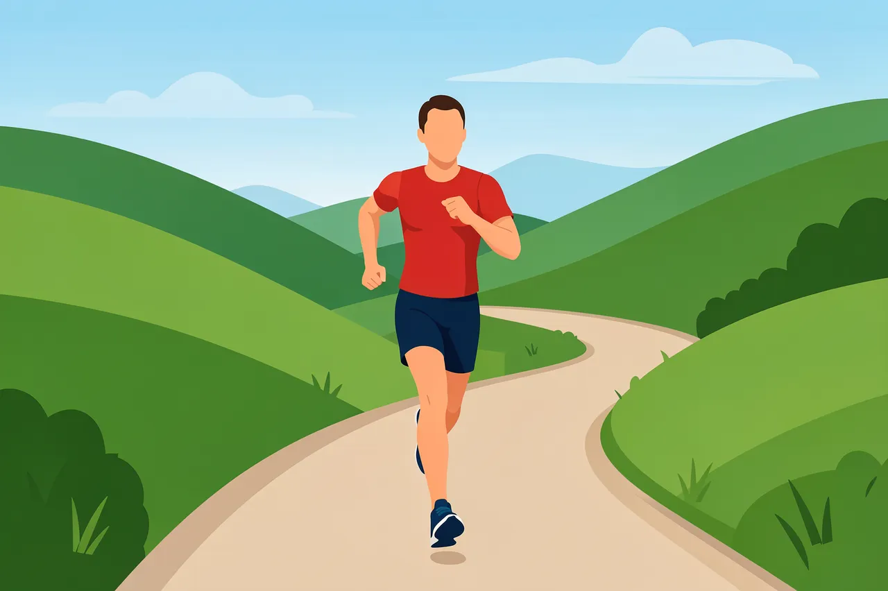 A faceless runner in a red shirt jogs along a winding dirt path through rolling green hills under a pale blue sky