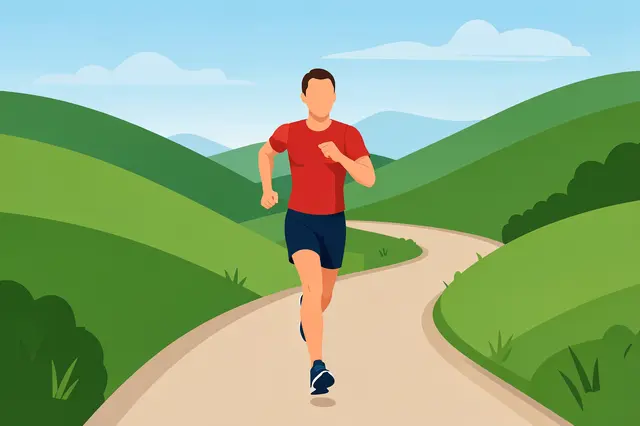 A faceless runner in a red shirt jogs along a winding dirt path through rolling green hills under a pale blue sky