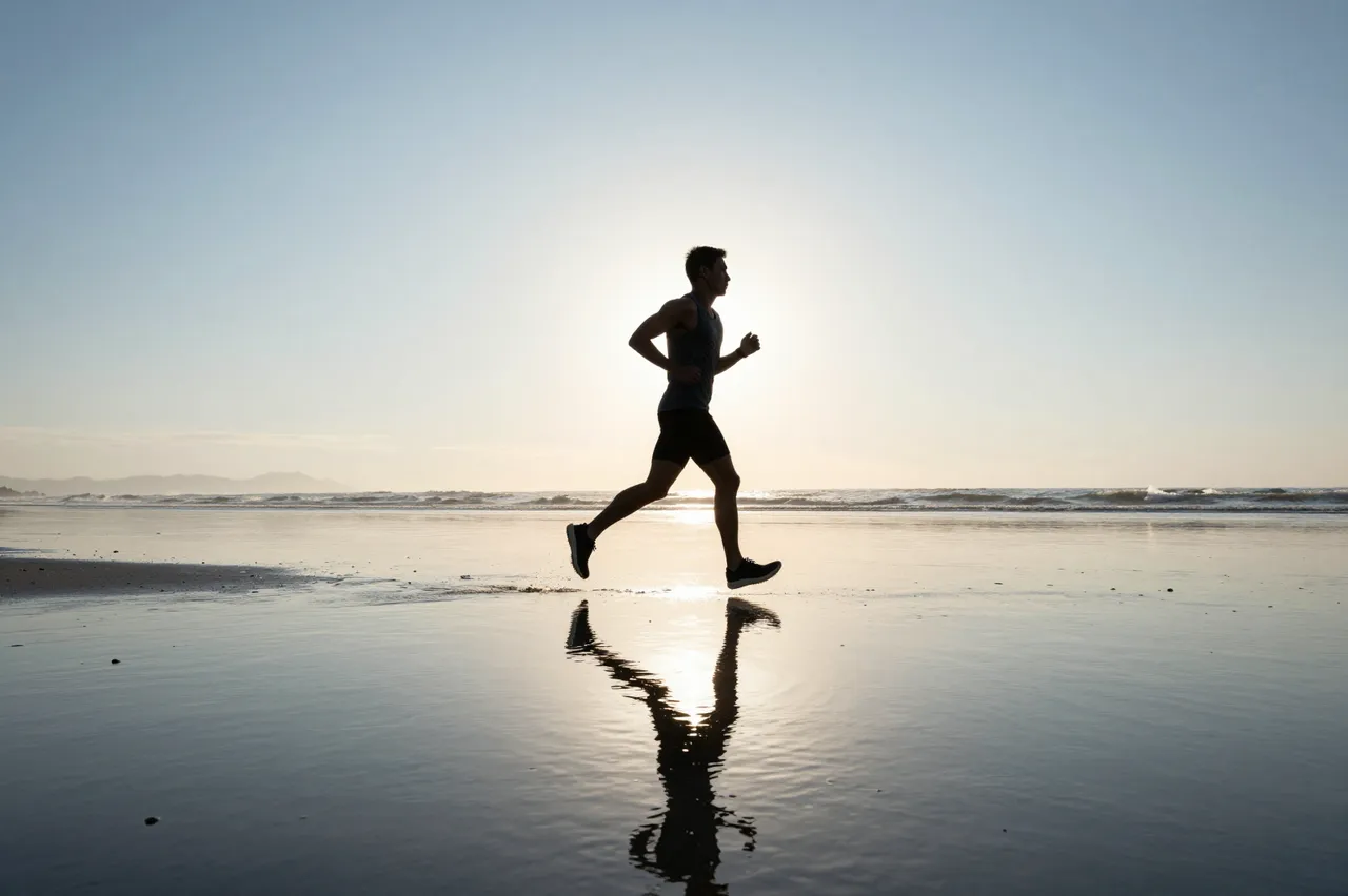 Silhouetted adult runner jogs across wet low-tide beach with his reflection visible at sunrise
