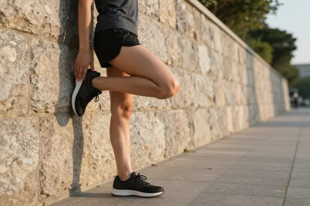 A cropped side view of a runner stretching their calf against a stone wall in warm golden sunrise light