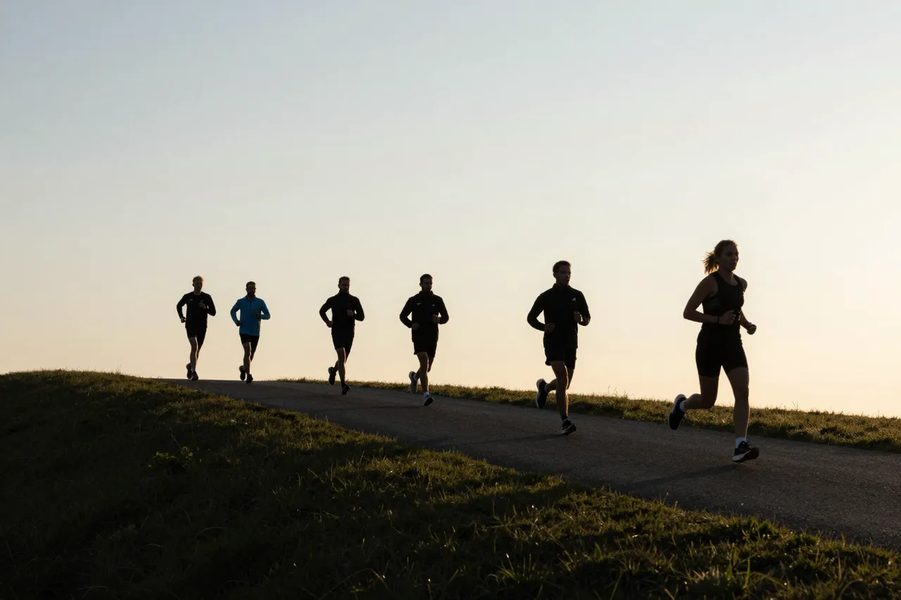 Group of runners jogging along a paved hilltop path against a soft pale sunrise sky