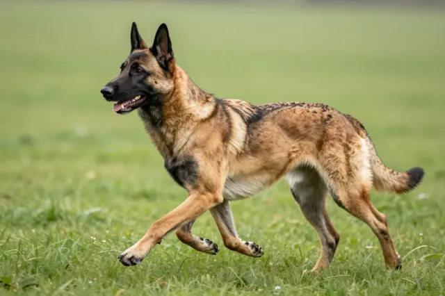 A fawn Belgian Malinois with a black face runs side view across a lush green grass field with erect ears.