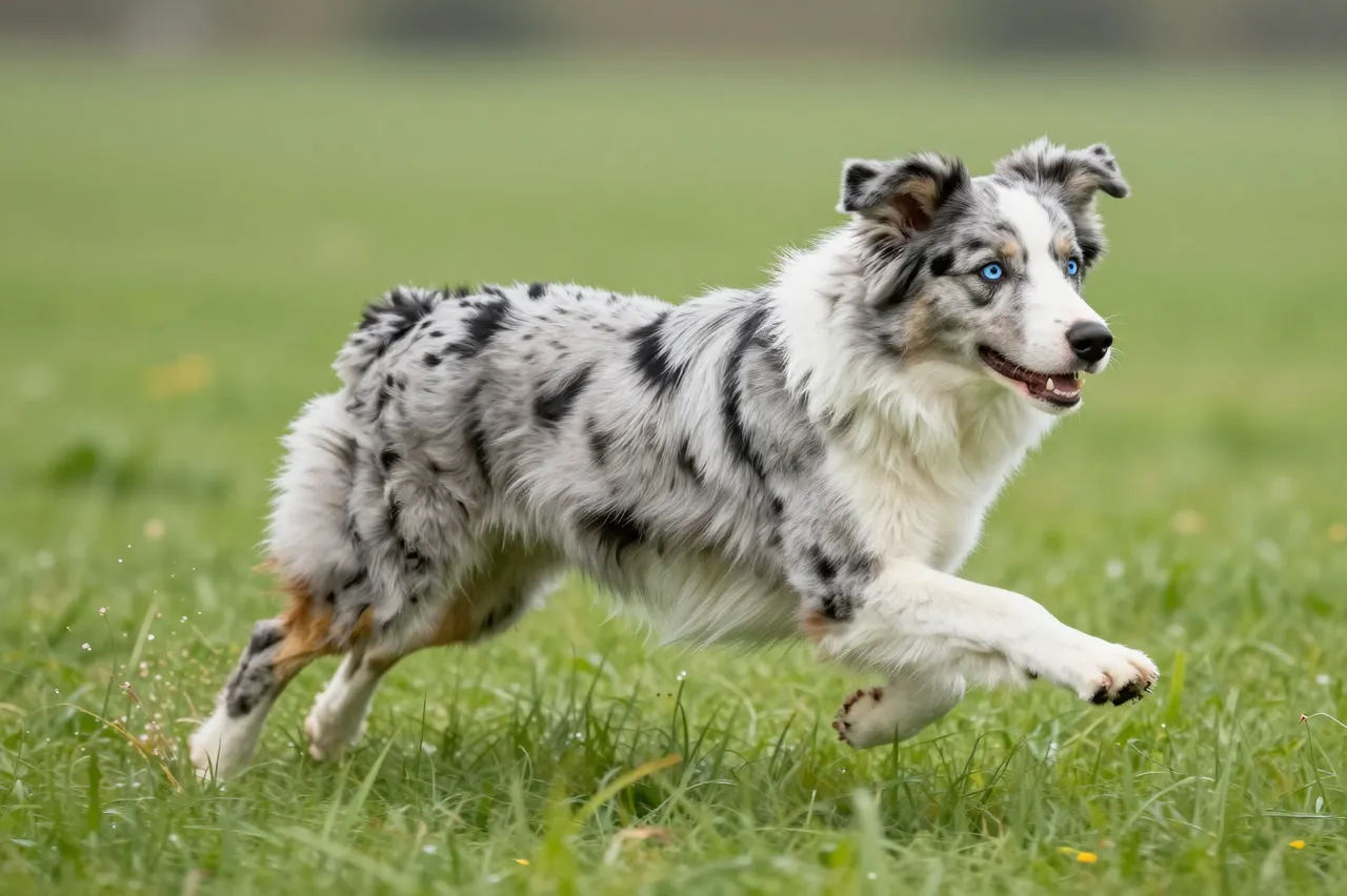 Blue merle Australian Shepherd with bright blue eyes leaps mid-stride across a lush green meadow