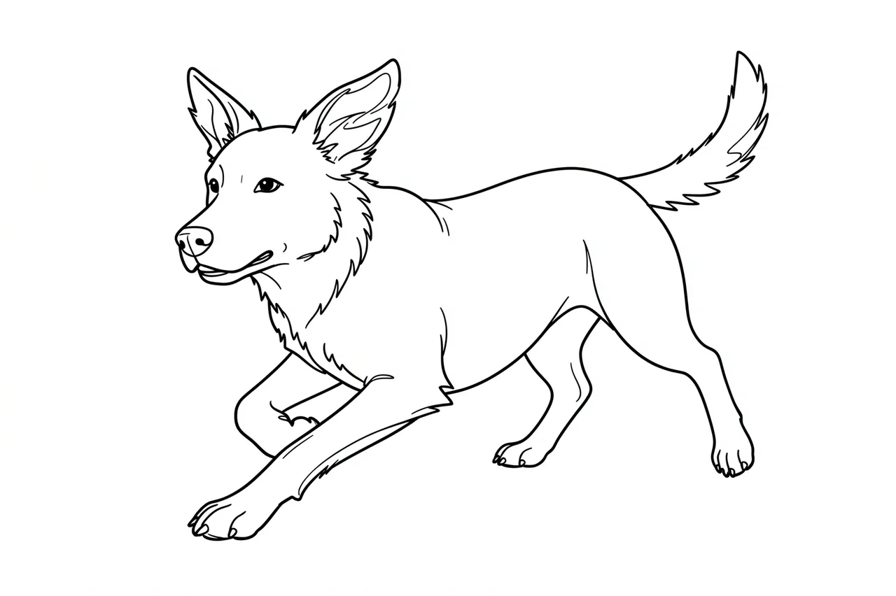 Black line drawing of a running dog with upright flapping ears on a plain white background