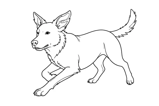 Black line drawing of a running dog with upright flapping ears on a plain white background