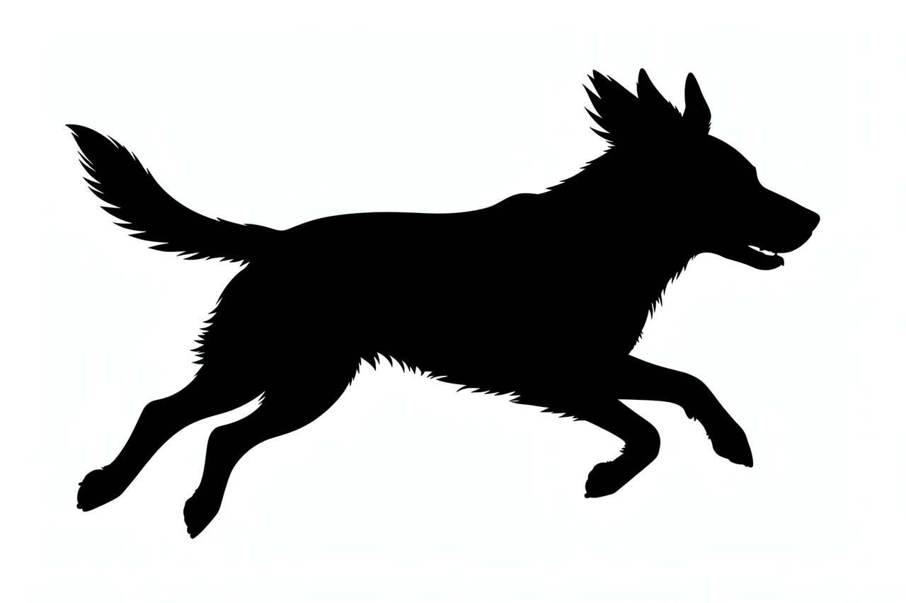 Solid black silhouette of a running dog with flying ears against a plain white background