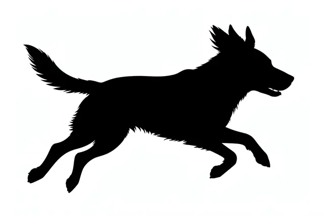 Solid black silhouette of a running dog with flying ears against a plain white background