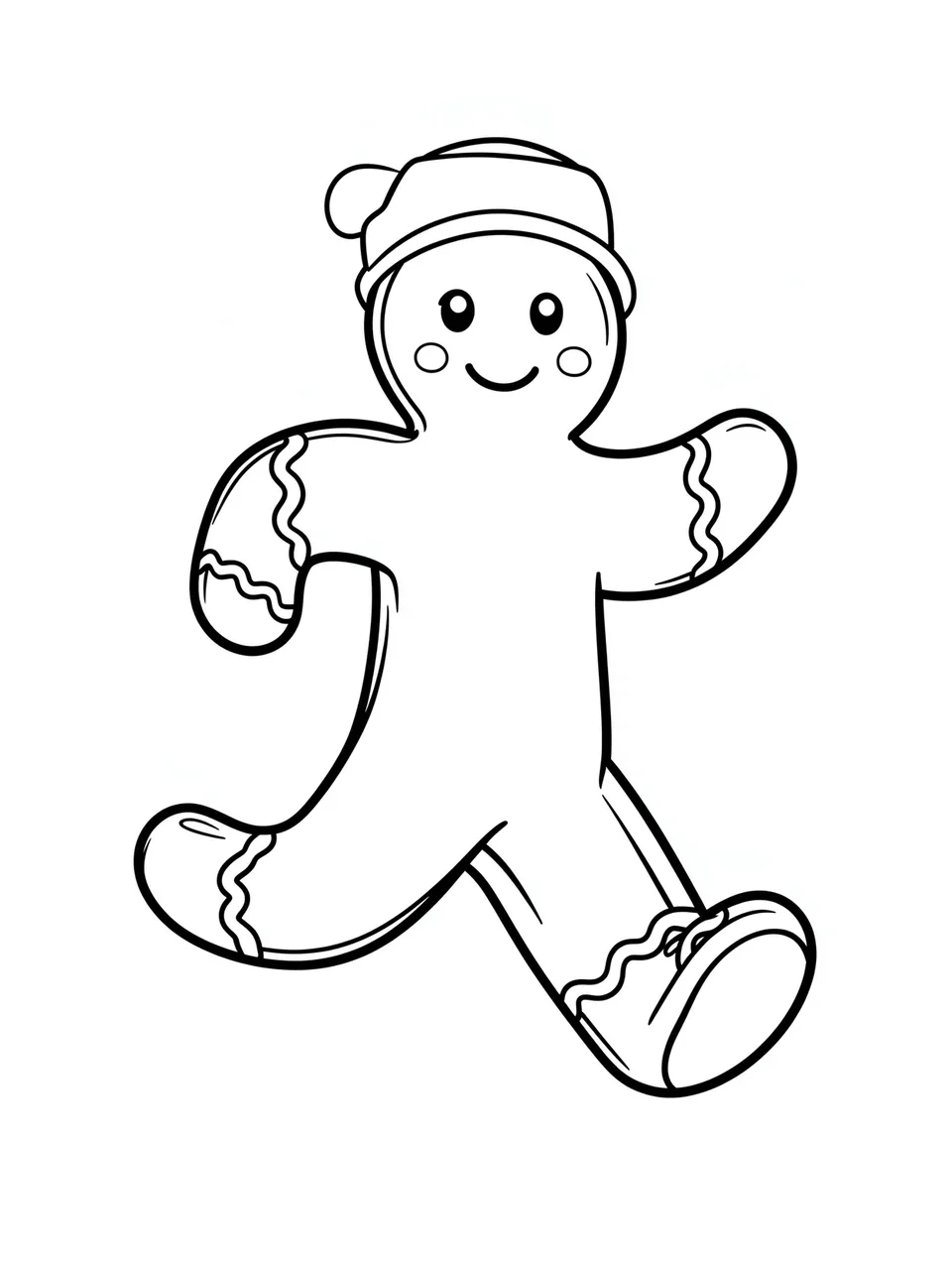 Simple bold black line art of a running gingerbread man with a winter hat on a white background