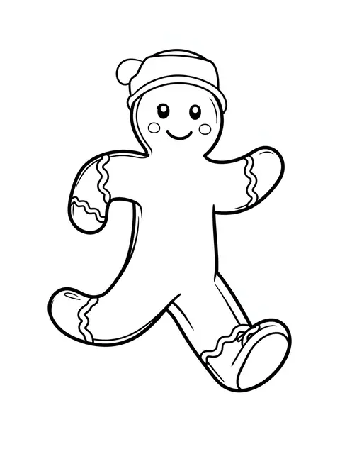 Simple bold black line art of a running gingerbread man with a winter hat on a white background