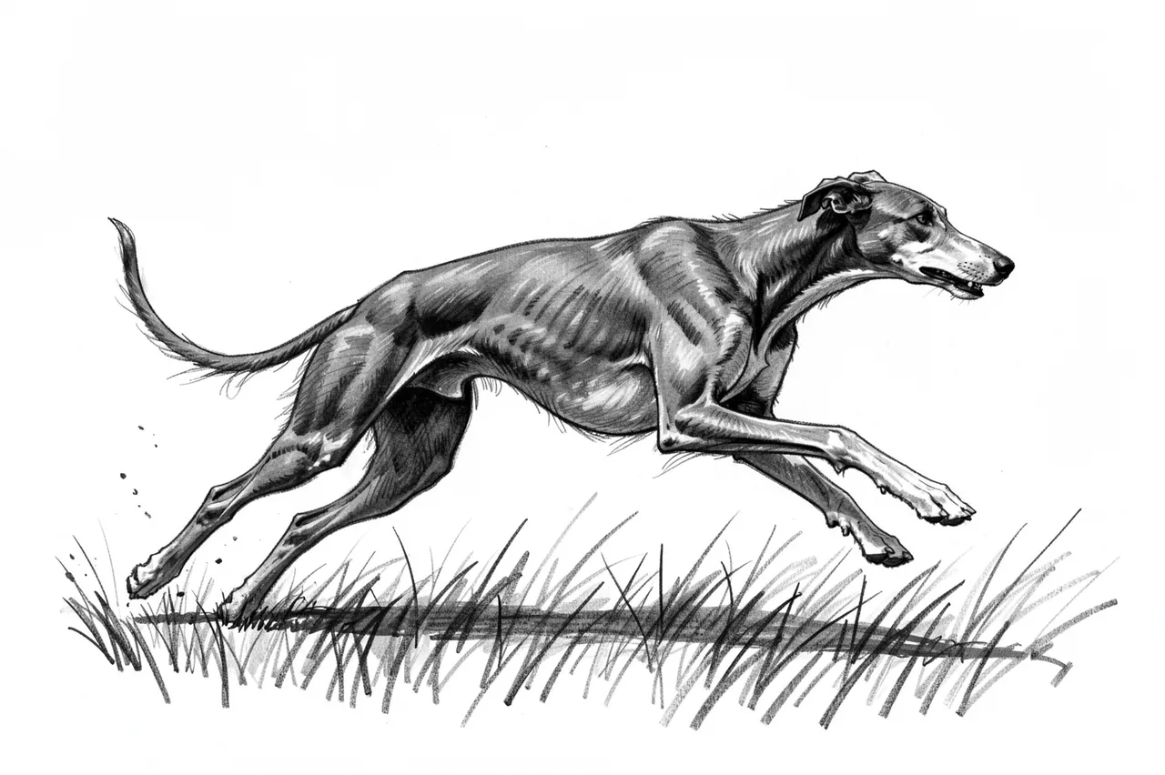 A charcoal sketch of a greyhound running at full stretch across grass on a white background