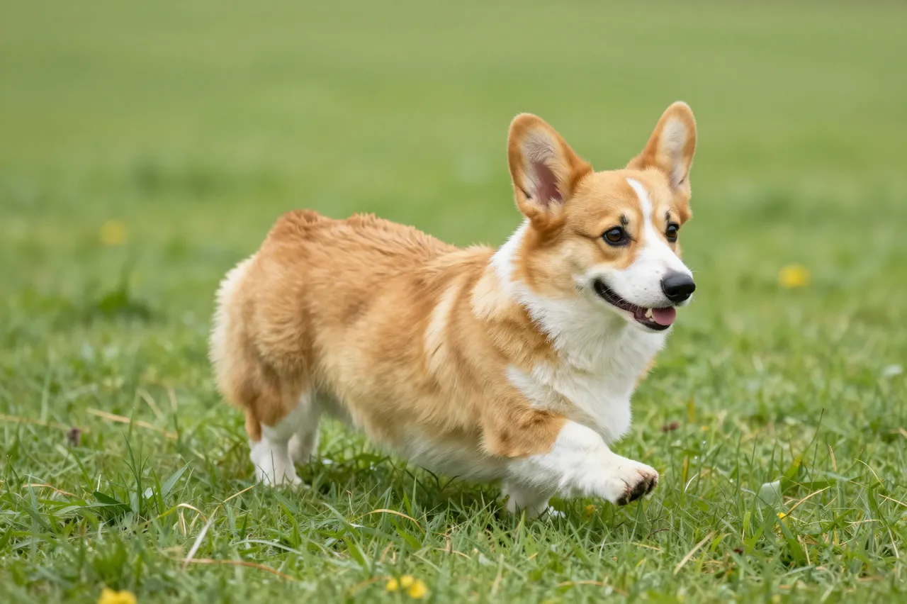 A tan and white Pembroke Welsh corgi trots across a sunlit green lawn dotted with small yellow flowers.