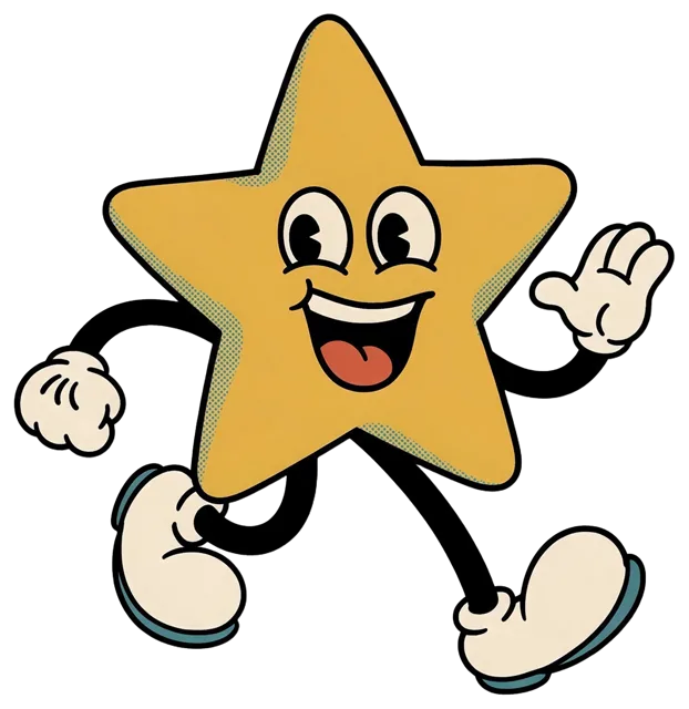 Retro 1930s rubber hose five-point star mascot running and waving cheerfully
