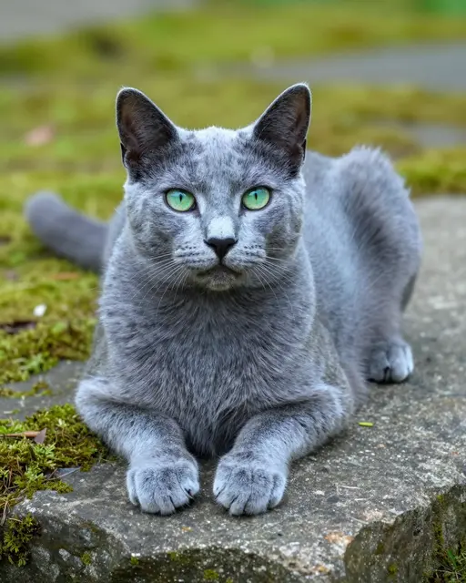 Gray Russian Blue cat with bright green eyes lies on a mossy garden stone facing the camera
