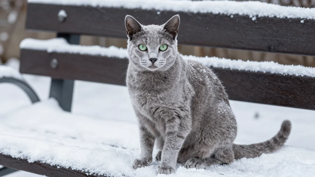 Silver Russian Blue cat with green eyes sits on snow covering a garden bench, dusted with snowflakes.