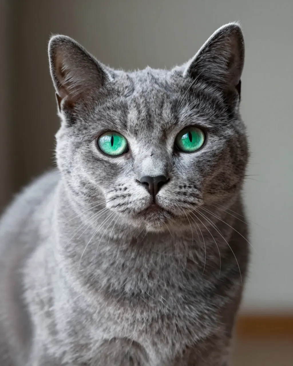 Close-up portrait of a plush gray Russian blue cat with bright emerald green eyes looking directly at the viewer.